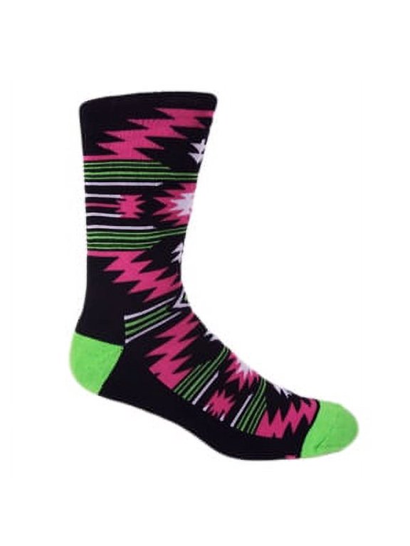 Black with Hot Pink/Lime Green Aztec Lightning Performance Crew Socks