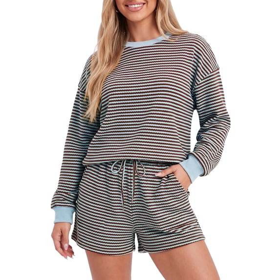 MOYIKO 2 Piece Lounge Set for Women Shorts Waffle Knit Striped Long Sleeve Pullover Tops Casual Cute Sets Size M