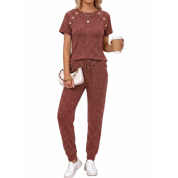 MOYIKO 2 Piece Lounge Sets for Women Summer Travel Outfits Crew Neck Short Sleeve Tops Long Pants Matching Sets Pajamas Clothes