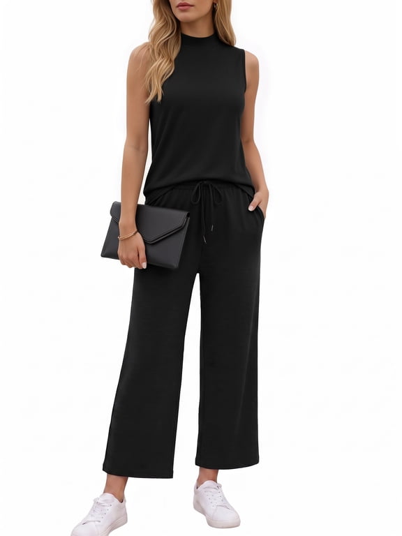 2 Piece Sets for Women Casual Summer Outfits Sleeveless Tops and Wide Leg Pants with Pockets Travel Vacation Lounge Sets