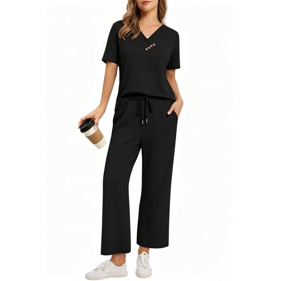 MOYIKO 2 Piece Sets for Women Casual Summer Travel Vacation Outfits Short Sleeve Tops Wide Leg Pants with Pockets Lounge Sets