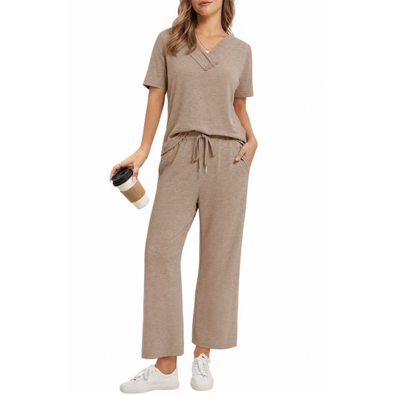 MOYIKO 2 Piece Sets for Women Casual Summer Travel Vacation Outfits Short Sleeve Tops Wide Leg Pants with Pockets Lounge Sets