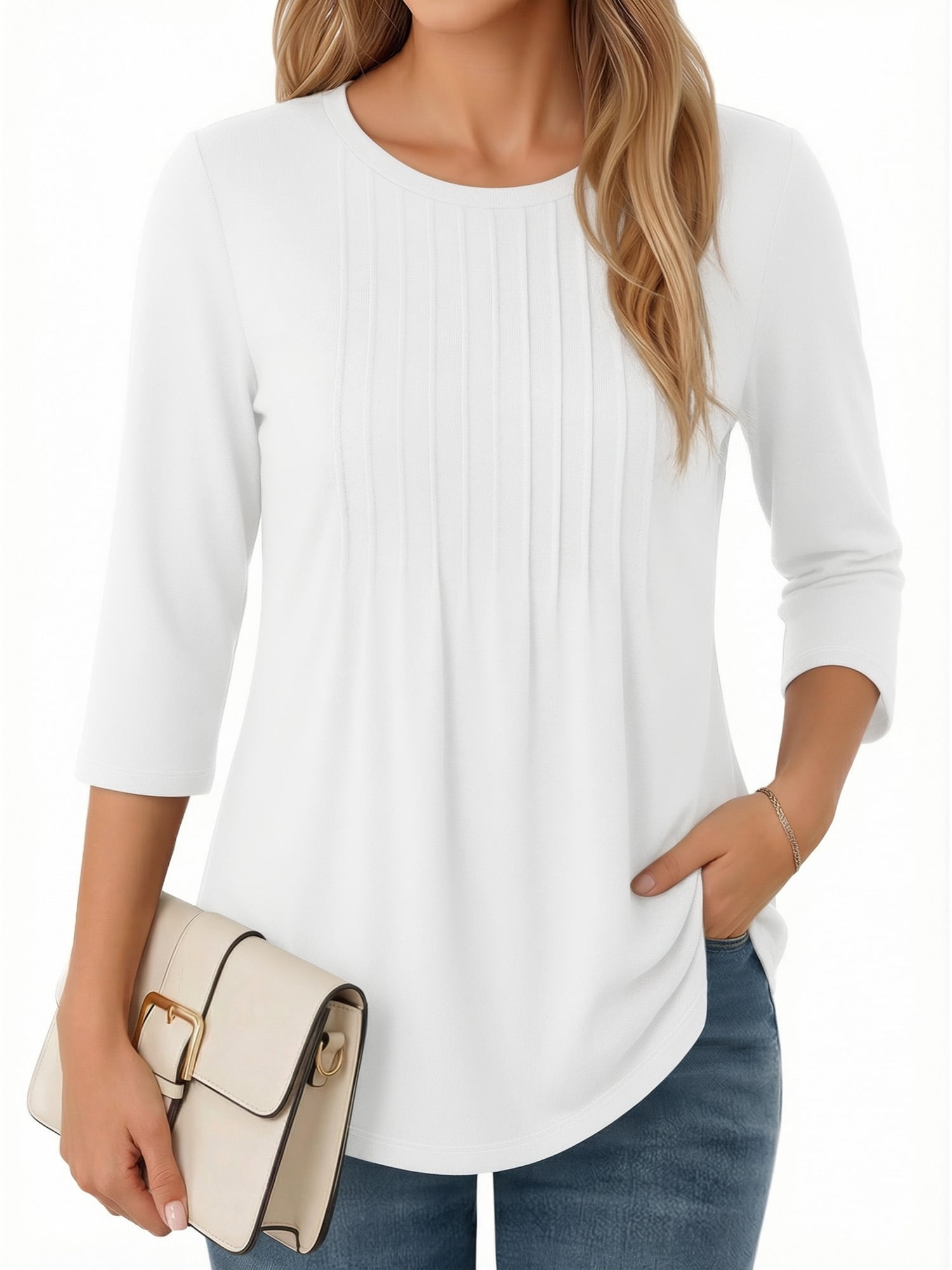 MOYIKO 3/4 Length Sleeve Womens Tops Round Neck T Shirts Pleated Tunic ...