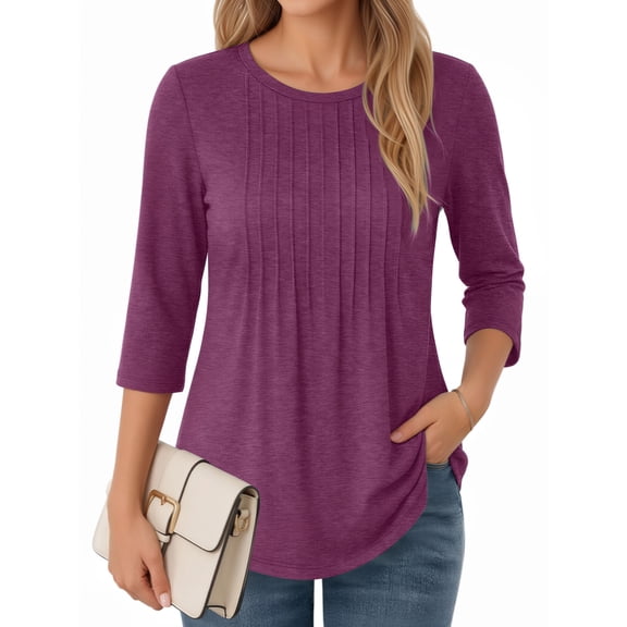 MOYIKO 3/4 Length Sleeve Womens Tops Round Neck T Shirts Pleated Tunic Summer Blouses Dressy Casual