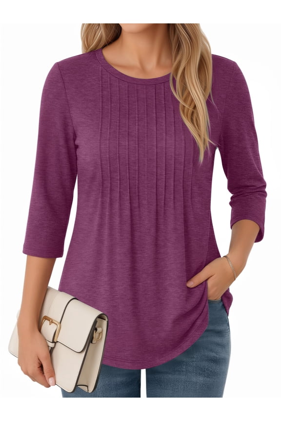 3/4 Length Sleeve Womens Tops Round Neck T Shirts Pleated Tunic Summer Blouses Dressy Casual