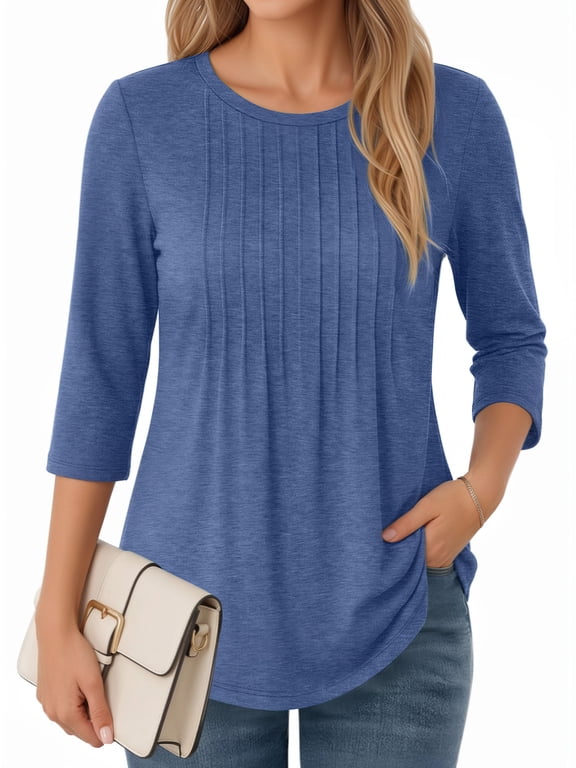 3/4 Length Sleeve Womens Tops Round Neck T Shirts Pleated Tunic Summer Blouses Dressy Casual