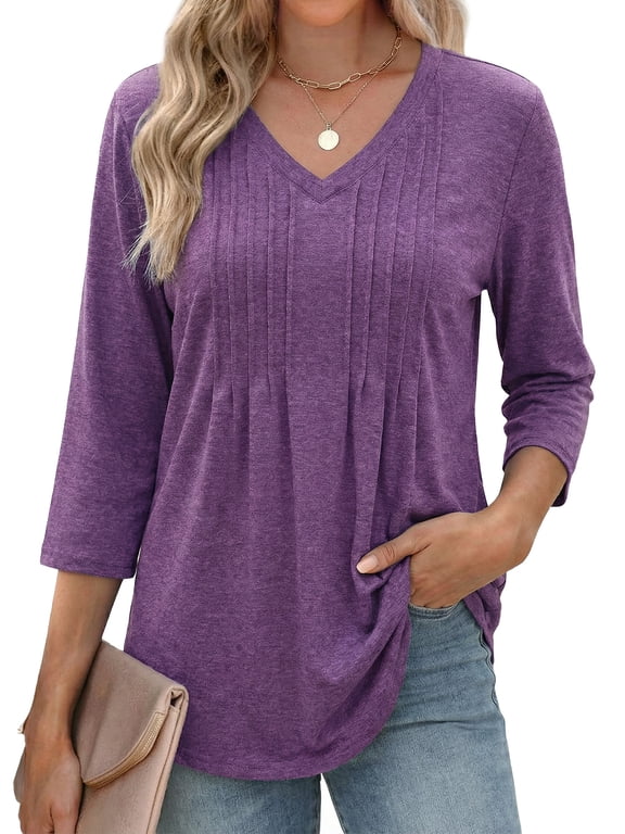 3/4 Length Sleeve Womens Tops V Neck Pleated Blouses Dressy Casual Tunic Spring Summer Shirts