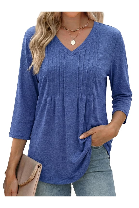 3/4 Length Sleeve Womens Tops V Neck Pleated Blouses Dressy Casual Tunic Spring Summer Shirts