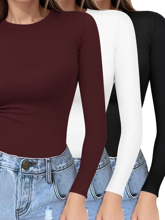 3 Pack Slim Fitted Long Sleeve Shirts for Women Crewneck Tees Basic Tops