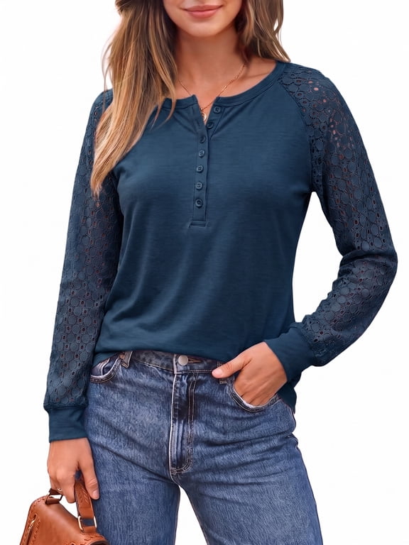 Blouses for Women Lace Tunic Tops Henley Casual Long Sleeve Shirts Trendy Clothes