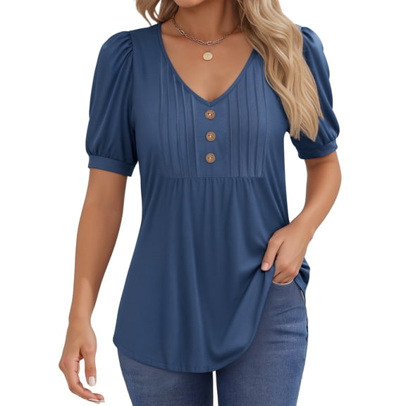 MOYIKO Blouses for Women Pleated Button Puff Short Sleeve Shirts Dressy Casual V Neck Tunic Tops Summer Shirts