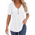 thumbnail image 1 of MOYIKO Blouses for Women T Shirts Pleated Button Puff Short Sleeve Shirts Dressy Casual V Neck Tunic Tops Summer Shirts, 1 of 7