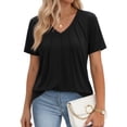 thumbnail image 1 of MOYIKO Women Summer Top V Neck Short Sleeve Pleats Basic T-shirt Black Casual Solid Color Blouse Tee XXXL, 1 of 7