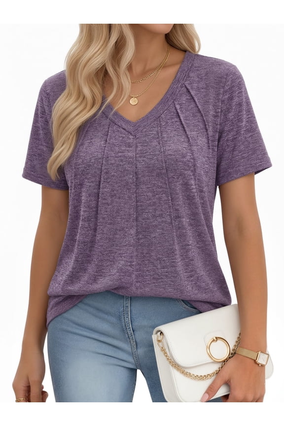 Blouses for Women Short Sleeve Shirts Dressy Casual V Neck Tunic Tops with Pleats