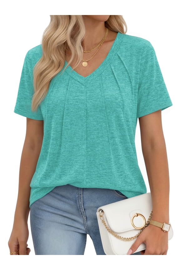 Blouses for Women Short Sleeve Shirts Dressy Casual V Neck Tunic Tops with Pleats