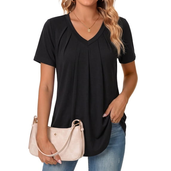 MOYIKO Blouses for Women Short Sleeve Shirts Dressy Casual V Neck Tunic Tops with Pleats