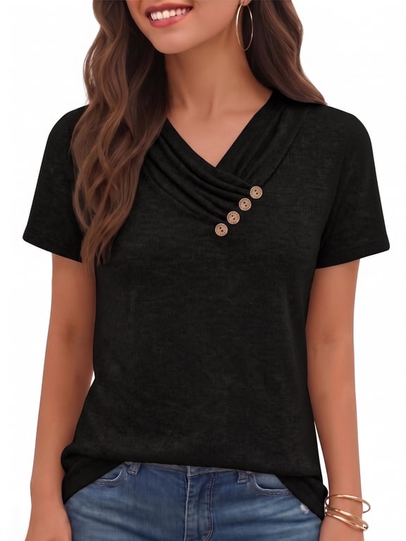 Blouses for Women Summer Short Sleeve Tunic Top V Neck Button Dressy Casual Business Shirts