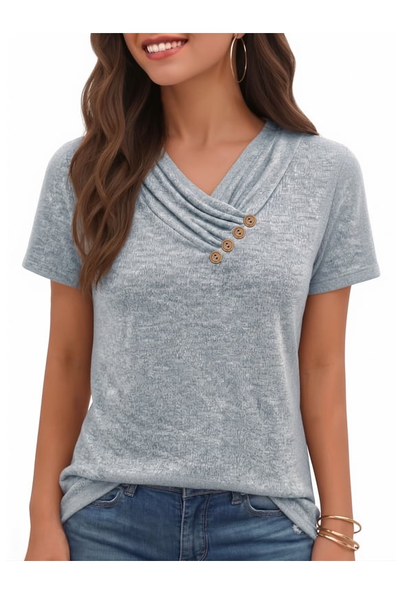 Blouses for Women Summer Short Sleeve Tunic Top V Neck Button Dressy Casual Business Shirts