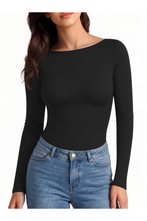 Boat Neck Long Sleeve Shirt for Woman Slim Fitted Black T Shirts Basic Ribbed Knit Tees Tight Tops