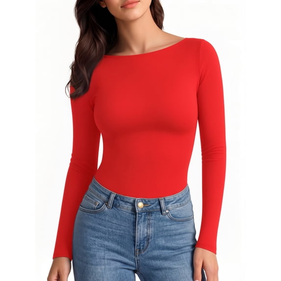 MOYIKO Boat Neck Long Sleeve Shirt for Woman Slim Fitted Red T Shirts Basic Ribbed Knit Tees Tight Tops