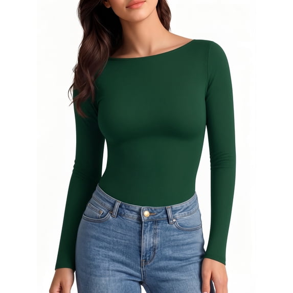 MOYIKO Boat Neck Long Sleeve Shirt for Woman Slim Fitted T Shirts Basic Ribbed Knit Green Tees Tight Tops
