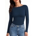thumbnail image 1 of MOYIKO Boat Neck Long Sleeve Shirt for Woman Slim Fitted T Shirts Basic Ribbed Knit Navy Blue Tees Tight Tops, 1 of 7