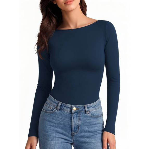 MOYIKO Boat Neck Long Sleeve Shirt for Woman Slim Fitted T Shirts Basic Ribbed Knit Navy Blue Tees Tight Tops