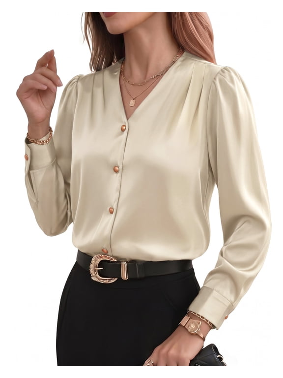 Business Casual Tops for Women Satin Pleated V Neck Button Down Blouses Long Sleeve Office Work Shirts Beige Size L
