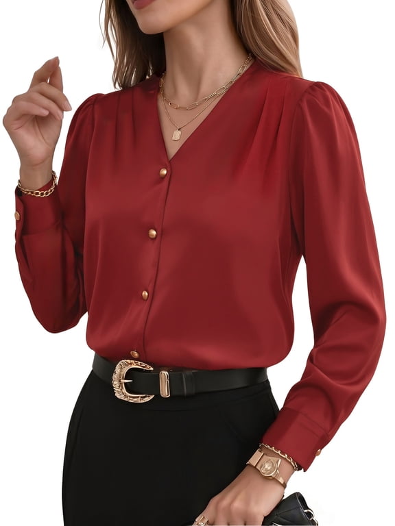 Business Casual Shirts for Women Pleated V Neck Button Down Tops Puff Sleeve Blouses Office Dressy Clothes Burgundy Size L