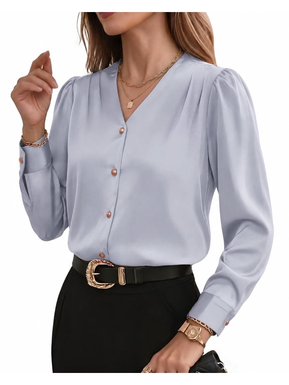 Blouses for Women Satin Long Sleeve Pleated V Neck Button Down Shirts Business Casual Tops Dusty Blue Size L