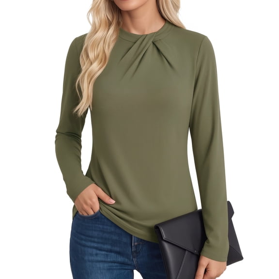 MOYIKO Business Casual Tops for Women Long Sleeve Shirts Twist Knot Mock Neck Slim Fit T-Shirts Green Size L