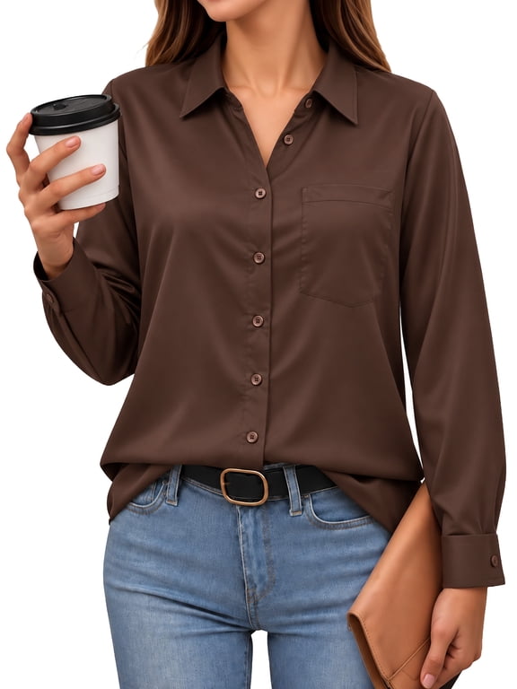 Satin Button Down Shirts for Women Long Sleeve Collared Business Blouses Dressy Casual Work Tops