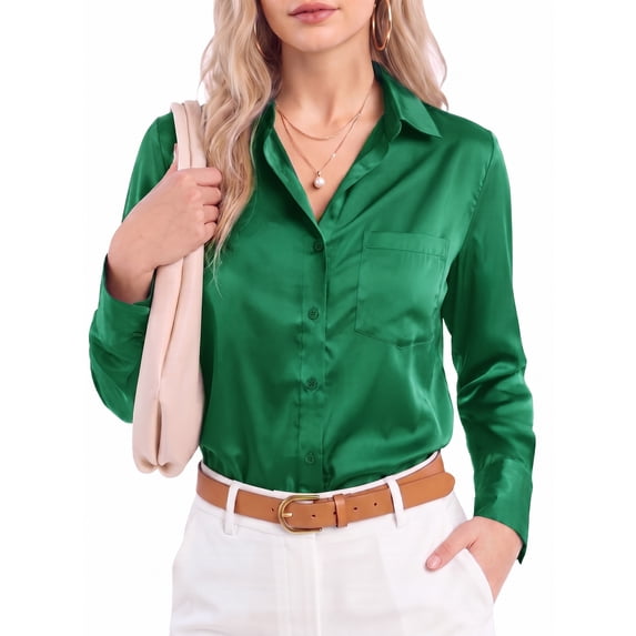 MOYIKO Button Down Shirts for Women Long Sleeve Stain Silk Collared Work Office Basic Business Dress Shirts Blouses Tops