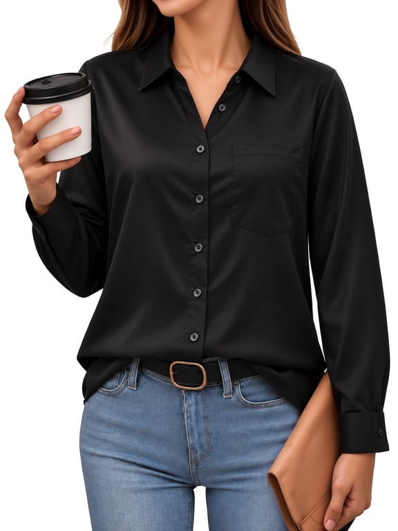 Satin Button Down Shirts for Women Long Sleeve Collared Business Blouses Dressy Casual Work Tops
