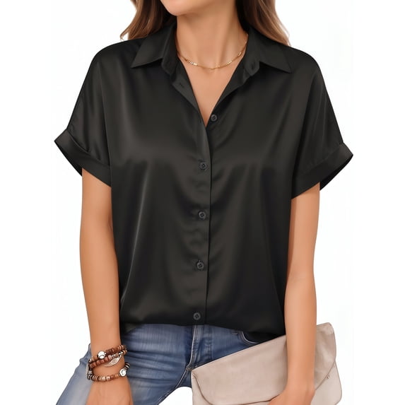 MOYIKO Women's Satin Button Down Shirts Short Sleeve Blouse Collared Dressy Casual Business Work Summer Tops