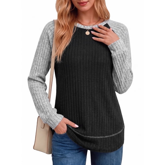 MOYIKO Color Block Long Sleeve Shirts for Women Crewneck Tunic Tops Casual Pullover Lightweight Sweaters Fall Outfits