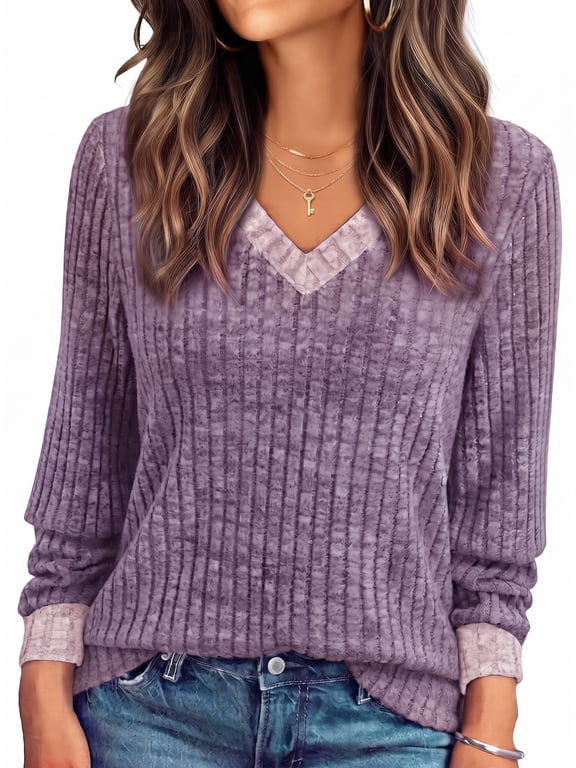 Color Block Long Sleeve Shirts for Women V Neck Dressy Casual Fall Tops Lightweight Tunic Pullover Fashion Clothes