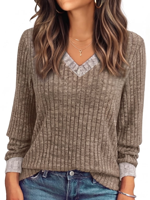 Color Block Long Sleeve Shirts for Women V Neck Dressy Casual Fall Tops Lightweight Tunic Pullover Fashion Clothes