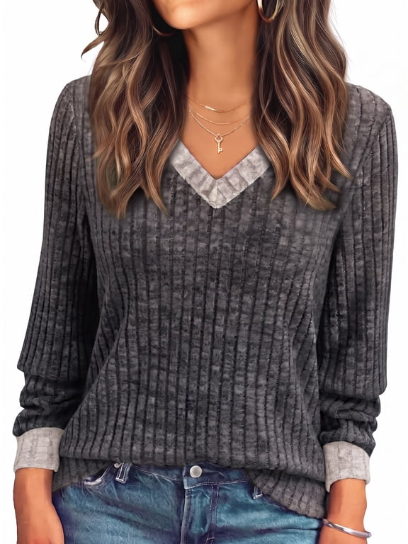 Color Block Long Sleeve Shirts for Women V Neck Dressy Casual Fall Tops Lightweight Tunic Pullover Fashion Clothes