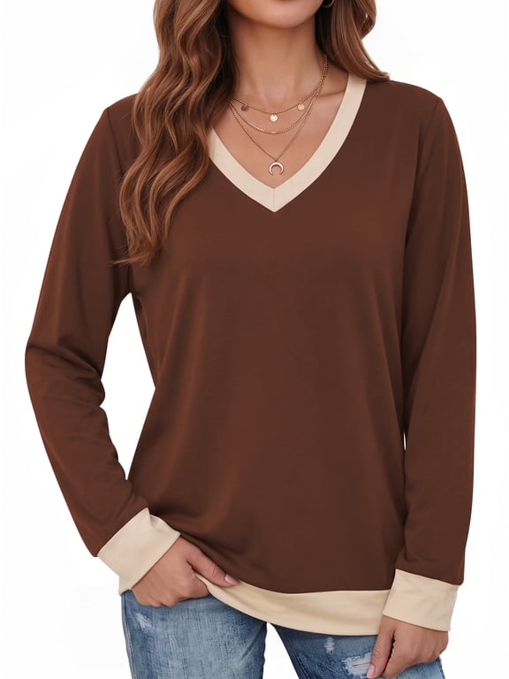 Color Block Sweatshirts for Women V Neck Long Sleeve Shirts Fashion Tops Pullover Sweatshirts Fall Outfits