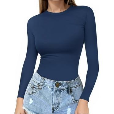 MOYIKO Crewneck Long Sleeve Shirts for Women Slim Fitted Tees Tight Basic Tops