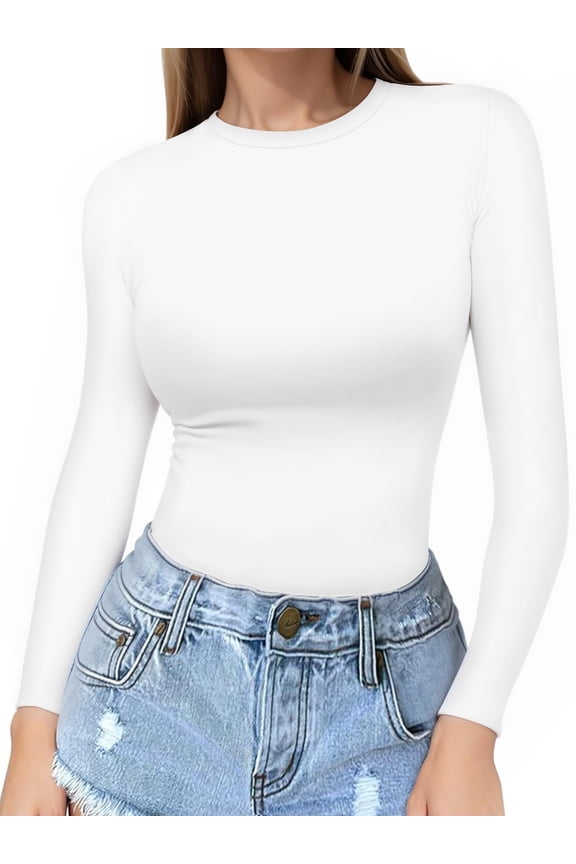 Slim Fitted Long Sleeve Shirts for Women Crewneck Tees Tight Basic Tops