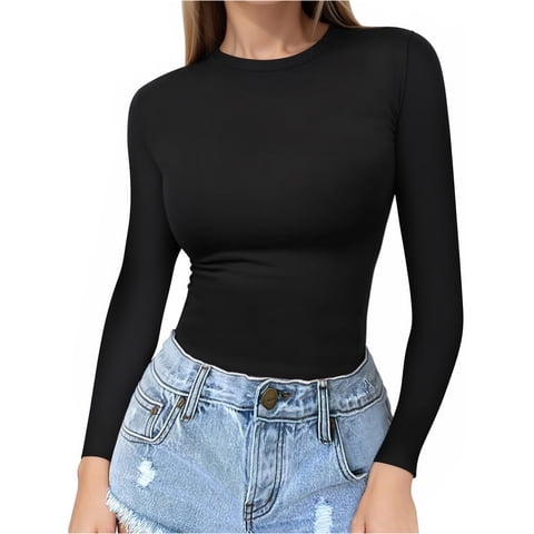 Slim Fitted Long Sleeve Shirts for Women Crewneck Tees Tight Basic Tops