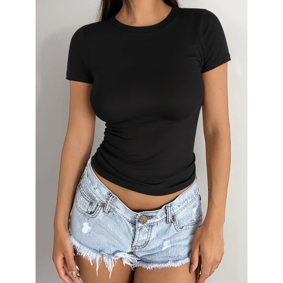 MOYIKO Crewneck T Shirts for Women Short Sleeve Slim Fitted Tees Basic Tight Summer Tops