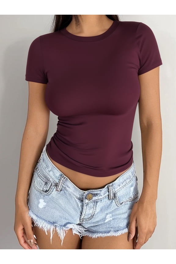 Crewneck T Shirts for Women Short Sleeve Slim Fitted Tees Basic Tight Summer Tops