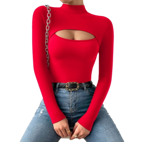 MOYIKO Cutout Front Mock Turtle Neck Long Sleeve Shirts for Women Fitted Tops Tees,Size Large