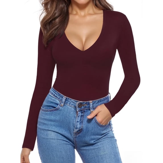 MOYIKO Deep V Neck Long Sleeve Shirts for Women Fitted Tops Tee,Size Large