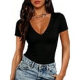 thumbnail image 1 of MOYIKO Slim Fitted T Shirts for Women Deep V Neck Short Sleeve Tees Elegant Summer Tops, 1 of 7