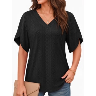 MOYIKO Eyelet Blouses for Women Dressy Casual V Neck Short Sleeve T Shirts Summer Trendy Basic Tees Tunic Tops Loose Fit