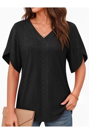 Eyelet Blouses for Women Dressy Casual V Neck Short Sleeve T Shirts Summer Trendy Basic Tees Tunic Tops Loose Fit